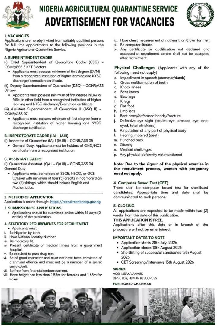 Job Flyer - Government Job Alert: Nigeria Agricultural Quarantine Service (NAQS)