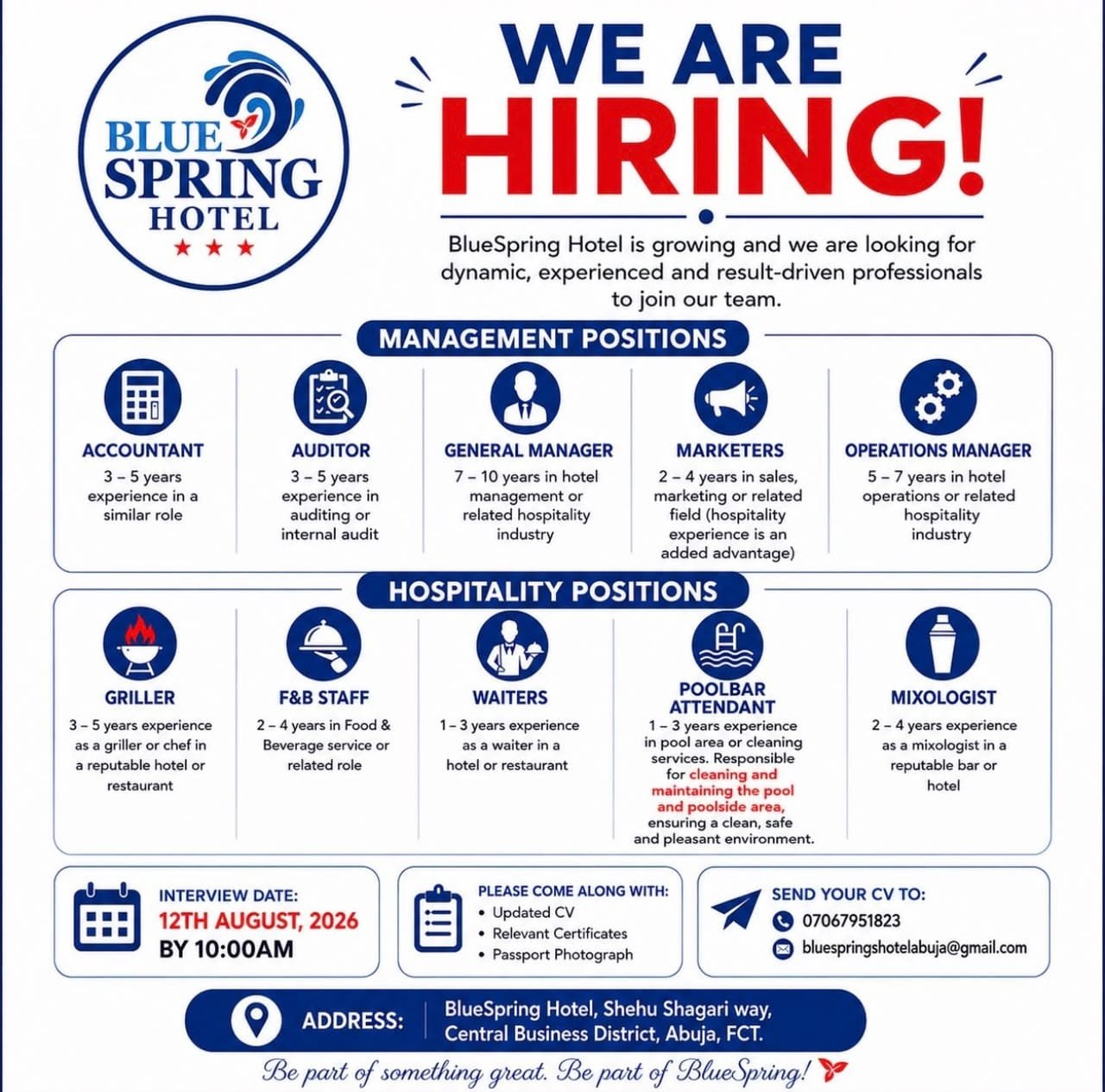 Job Flyer - Job openings at Blue Spring Hotel